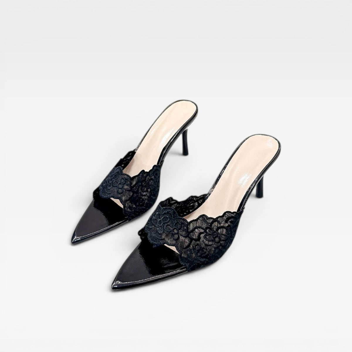 Women's Lace Pointed Toe Stiletto Mules – Slip-On Dress Heels | Ennerdale