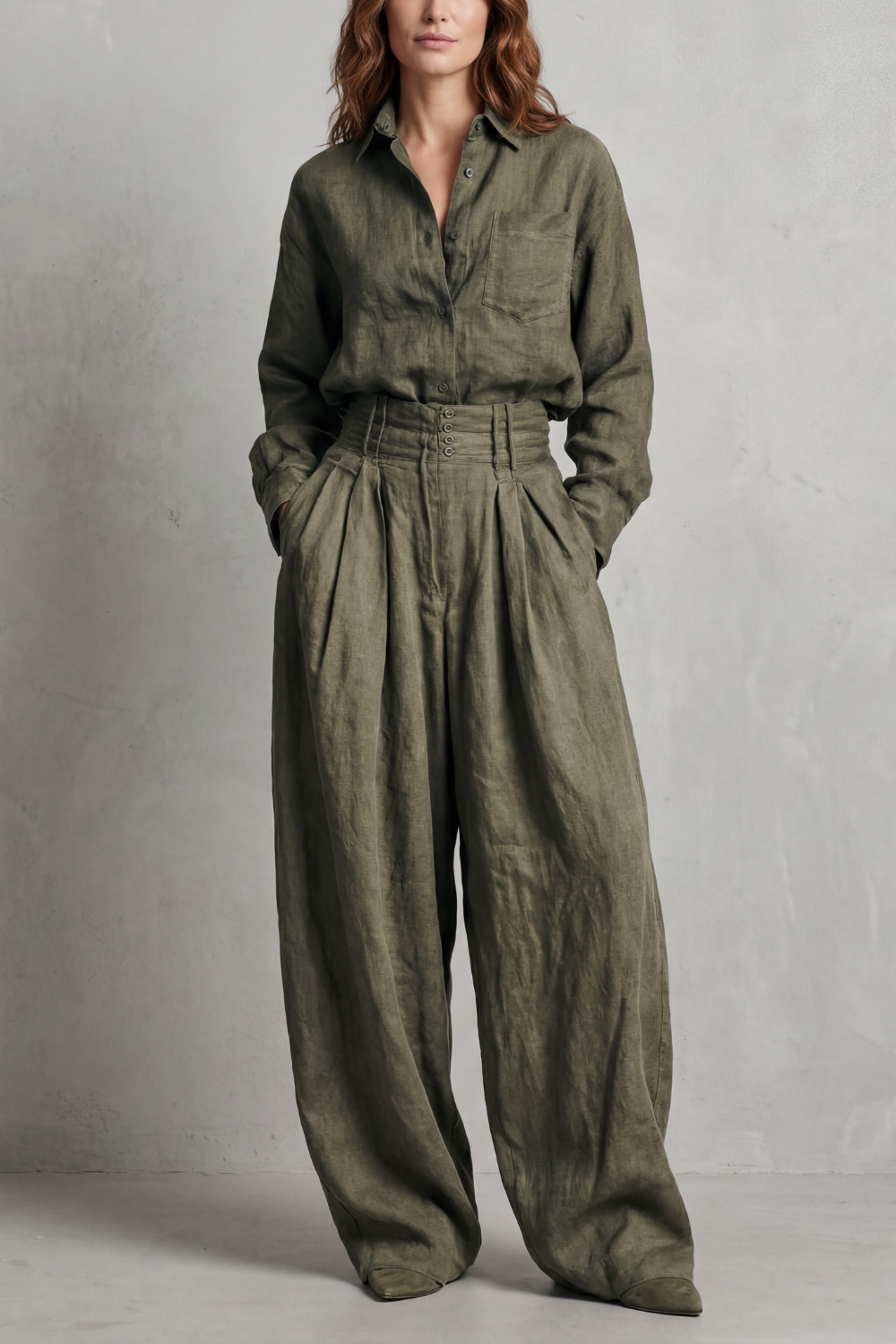 Women's oversized button-front shirt and pleated wide-leg pants set, front view