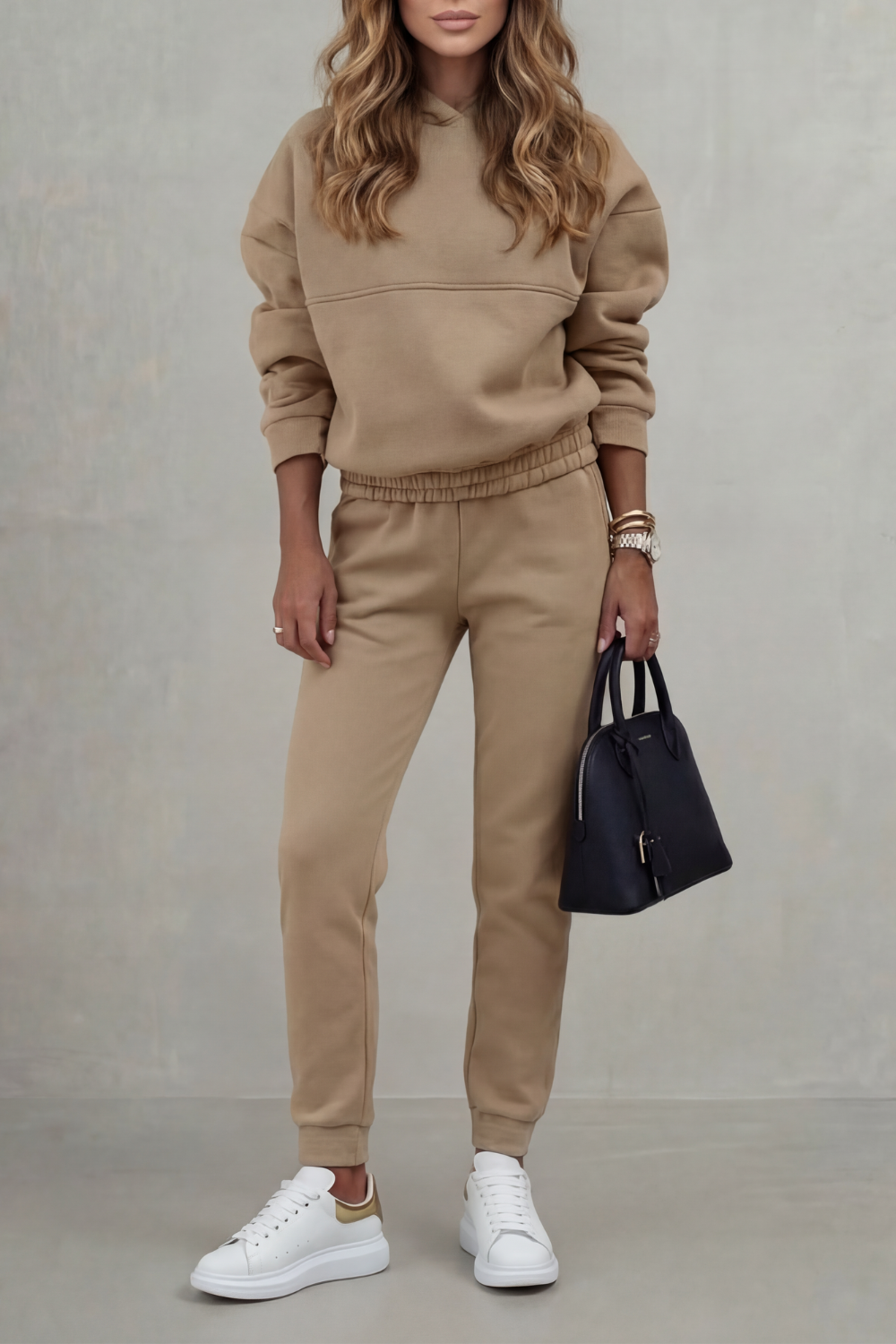 Women's structured sleeveless top and pleated wide-leg pants set, front view