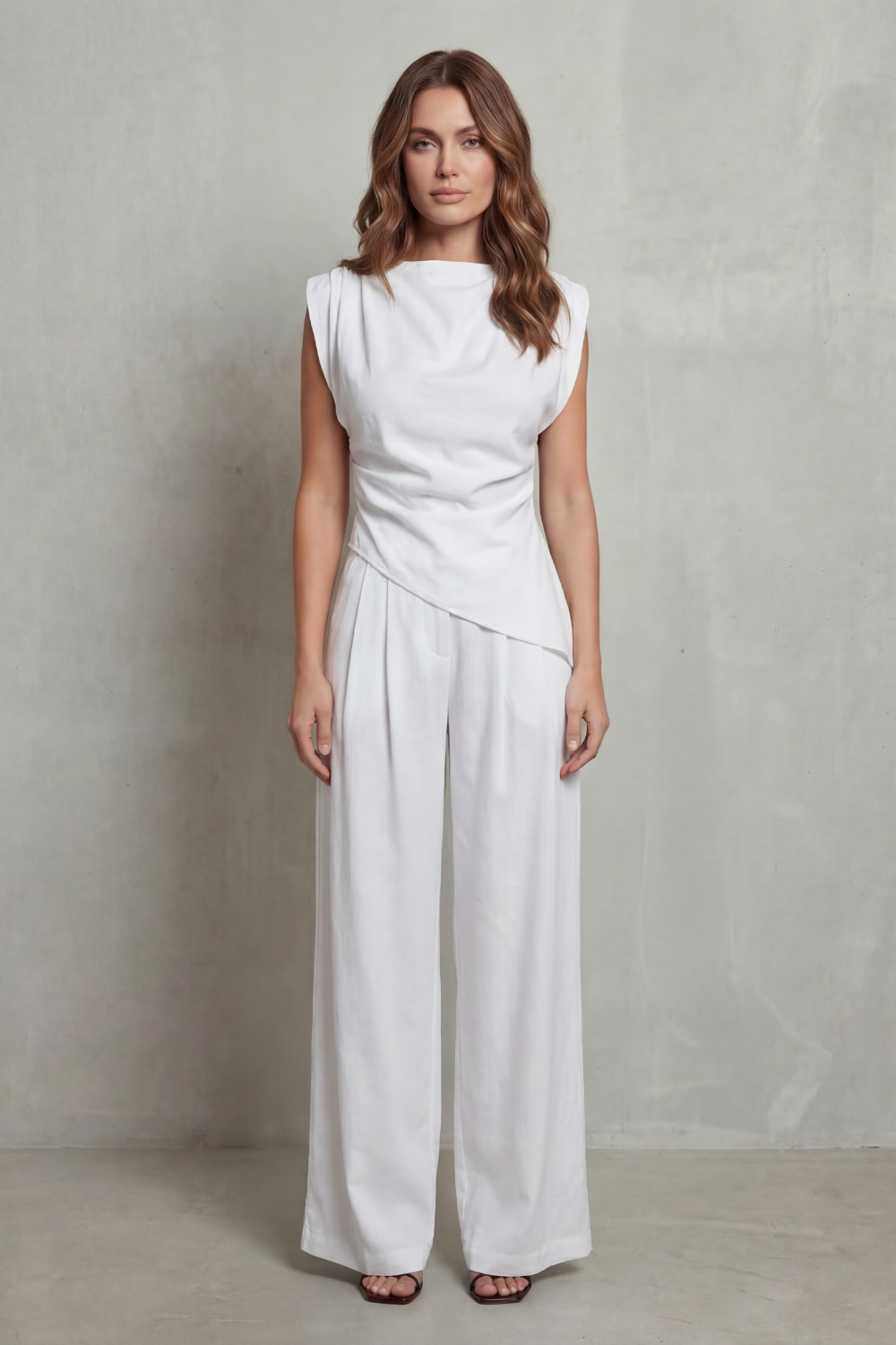 Dark Gray colorway of the draped-waist top and pants set, full-length view