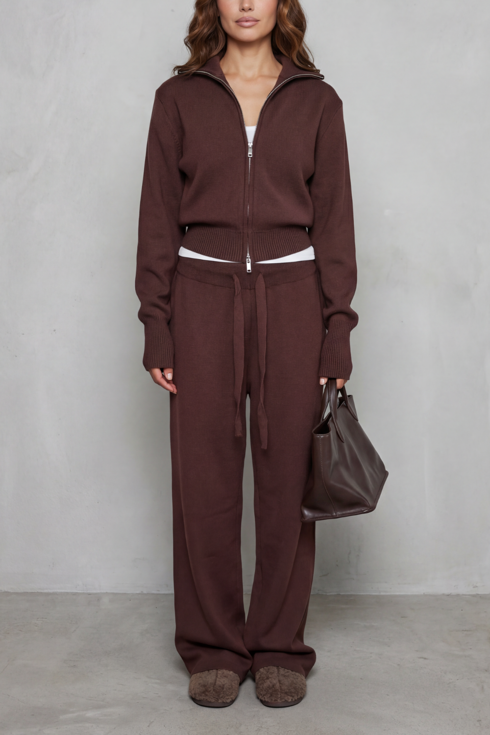 Women's knit zip-up cardigan and wide-leg pants lounge set, front view