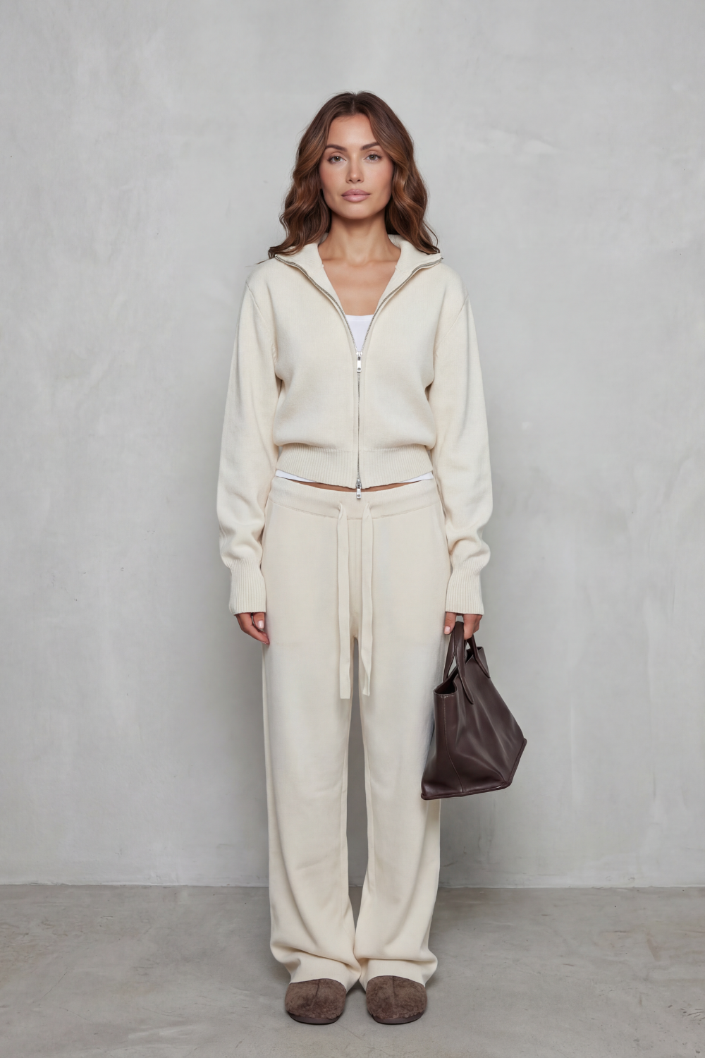 Detail of the drawstring waist on the wide-leg lounge pants