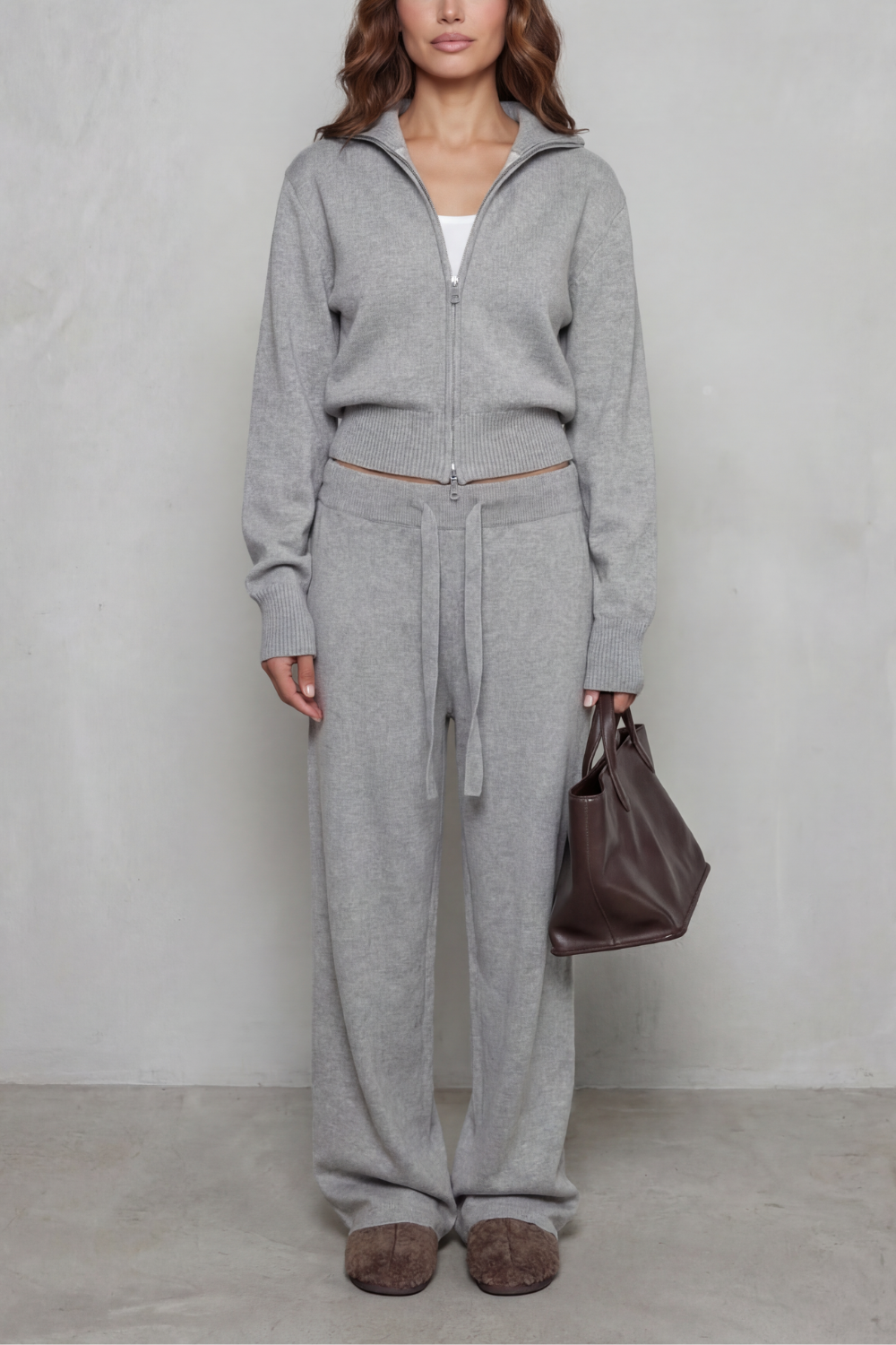 Brown colorway of the knit cardigan and pants lounge set, full-length view