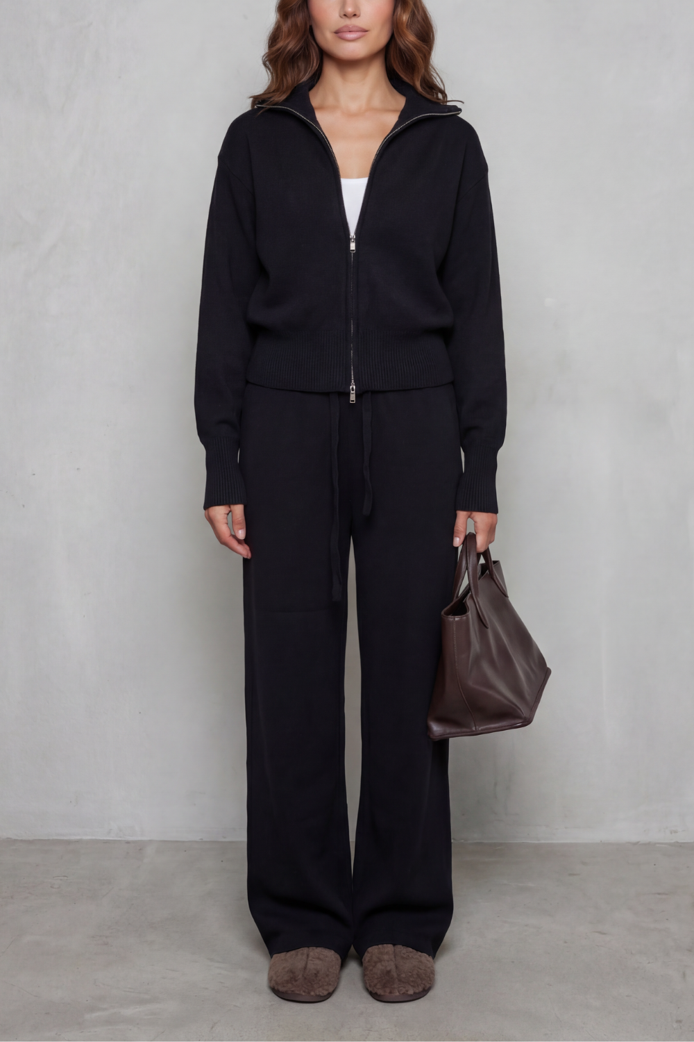 Gray colorway of the knit cardigan and pants lounge set, full-length view