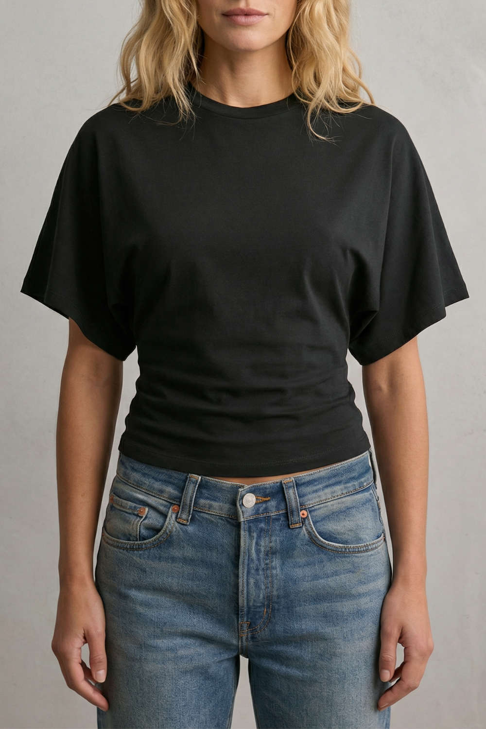 Women's Cropped Top with Draped Sleeves and Sculpted Waist - Ninelle