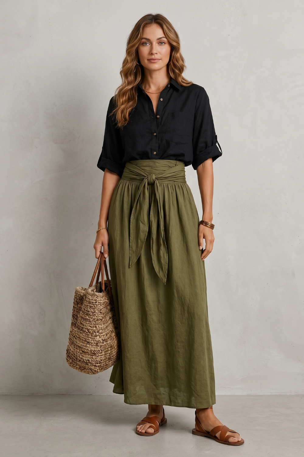 Side view of the flowing maxi skirt and coordinated shirt