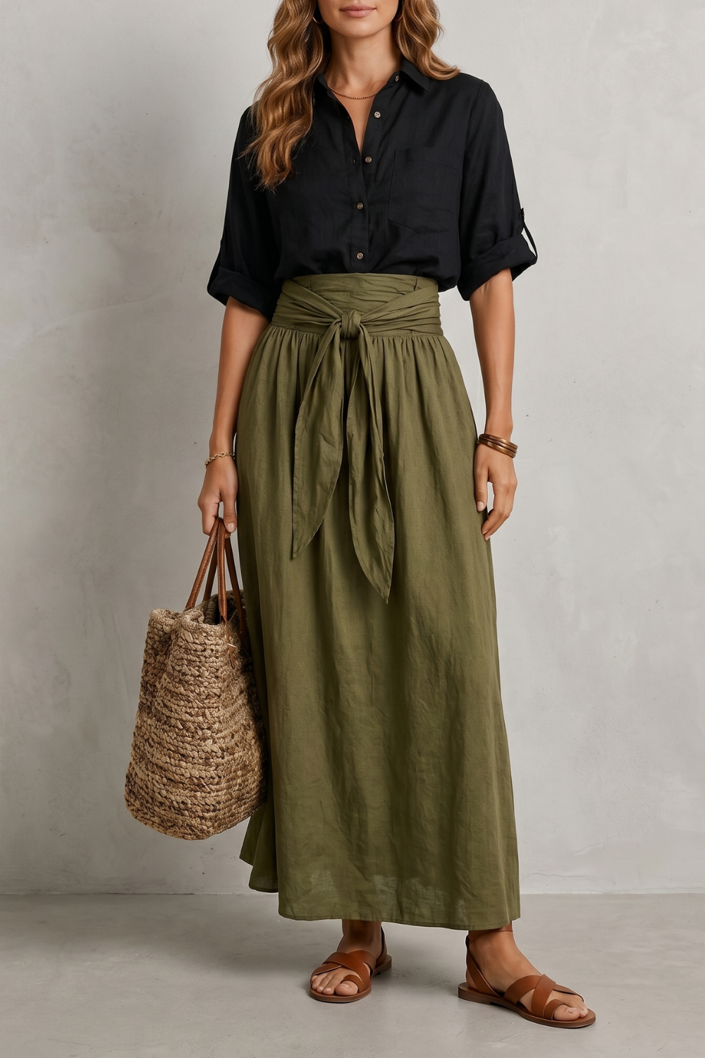 Women's tie-waist maxi skirt and shirt set, front view