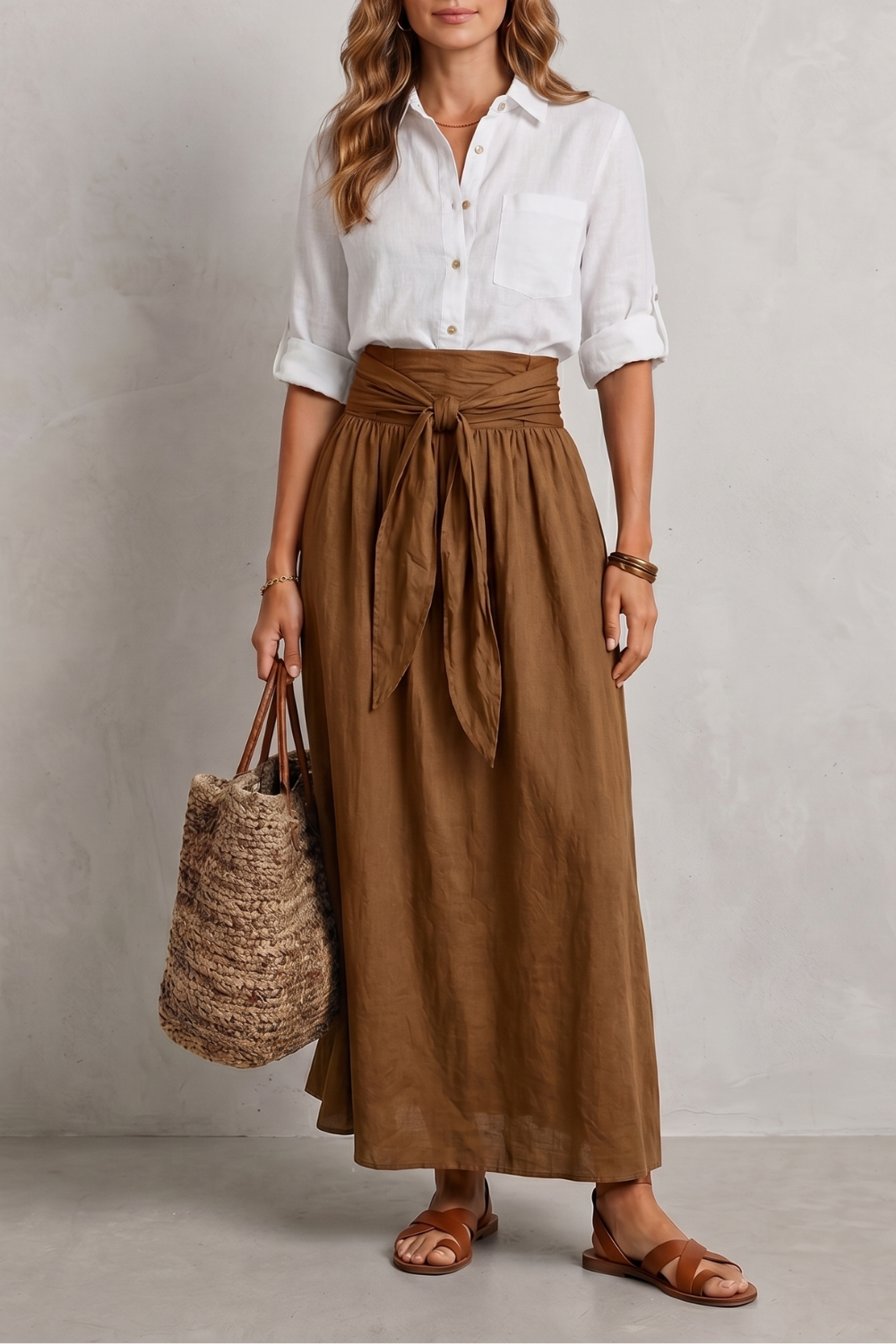 Maxi skirt set styled with woven accessories and flat sandals