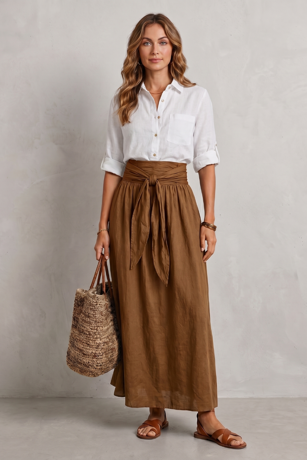 Full-length styled view of the tie-waist maxi skirt and shirt set