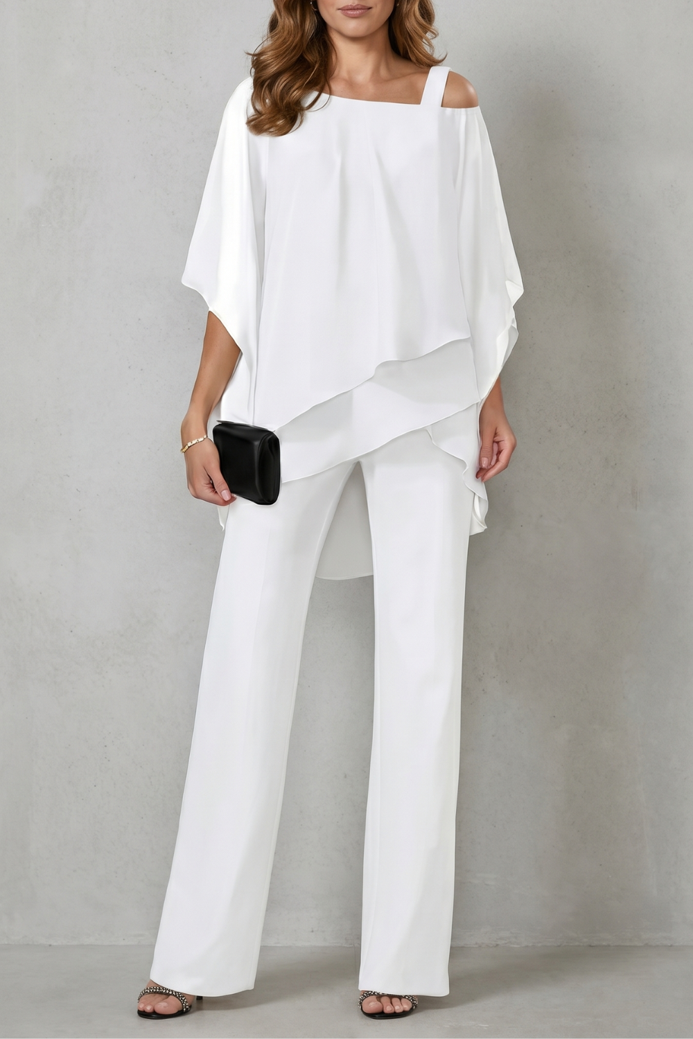Women's layered draped top and wide-leg pants set, front view