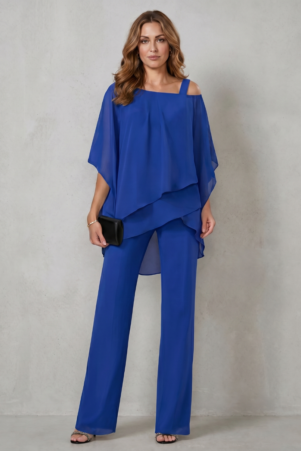 Blue colorway of the layered draped two-piece set, full-length view