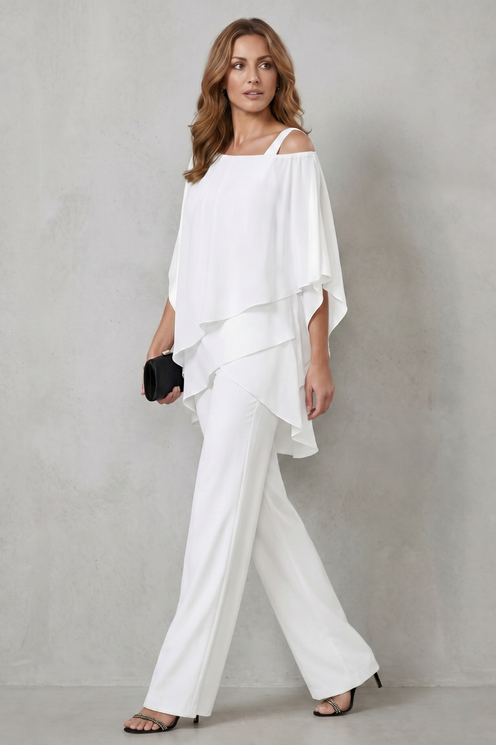 Back view of the draped two-piece top and wide-leg pants set