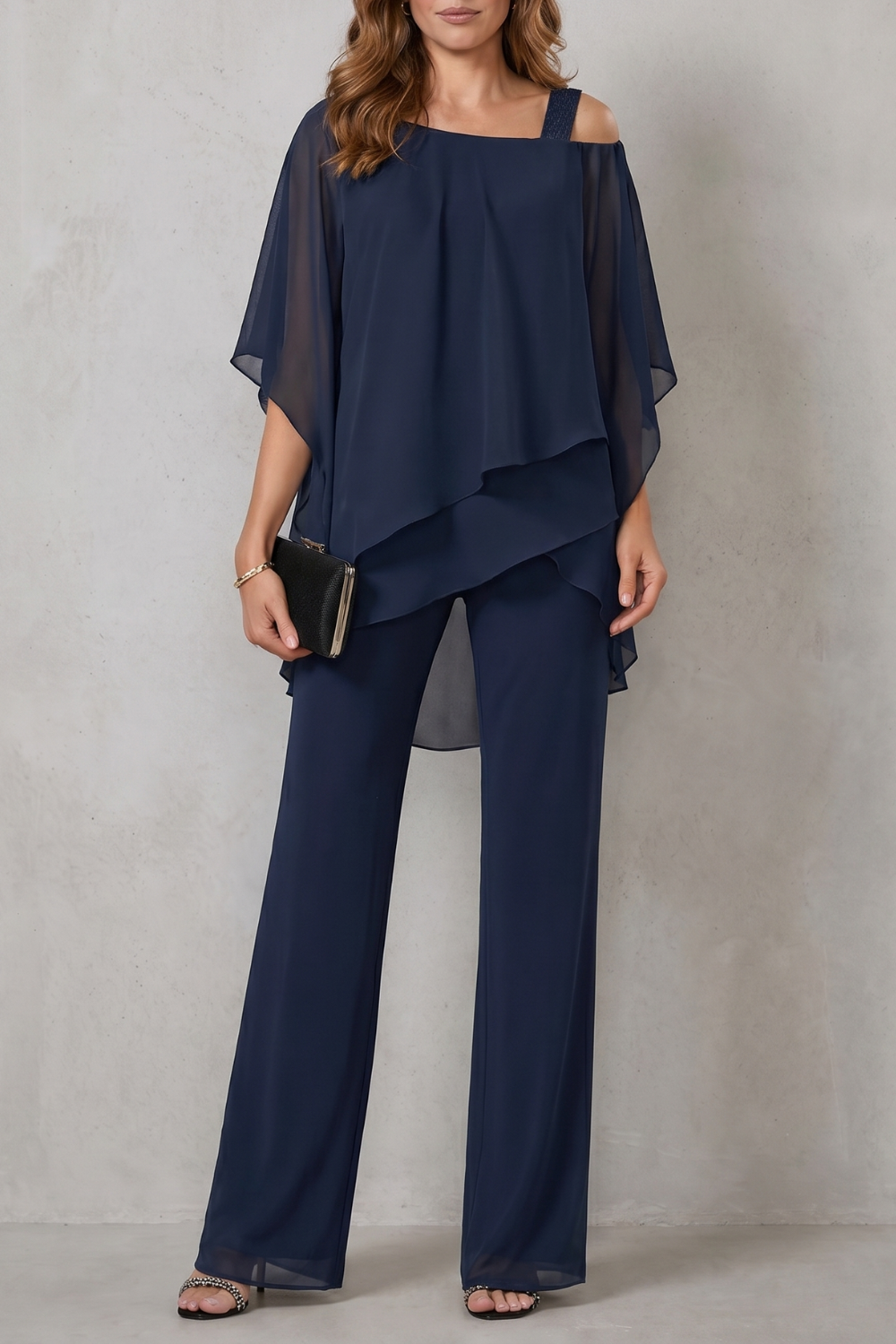 Navy Blue colorway of the draped top and wide-leg pants set, full-length view