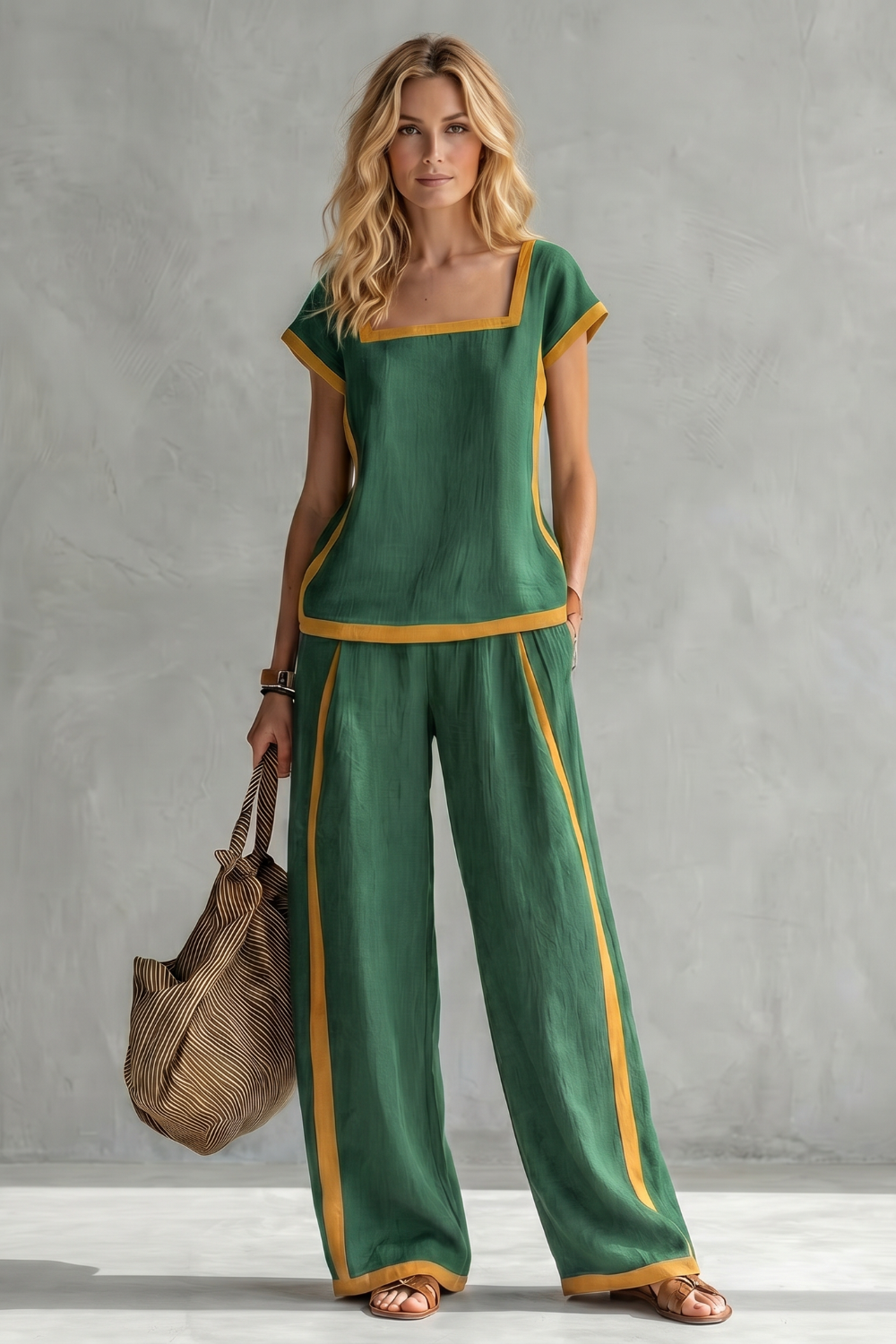 Light Blue colorway of the square-neck top and wide-leg pants set, full-length view