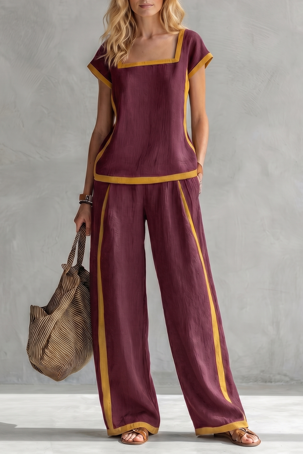 Navy Blue colorway of the contrast trim two-piece set, full-length view