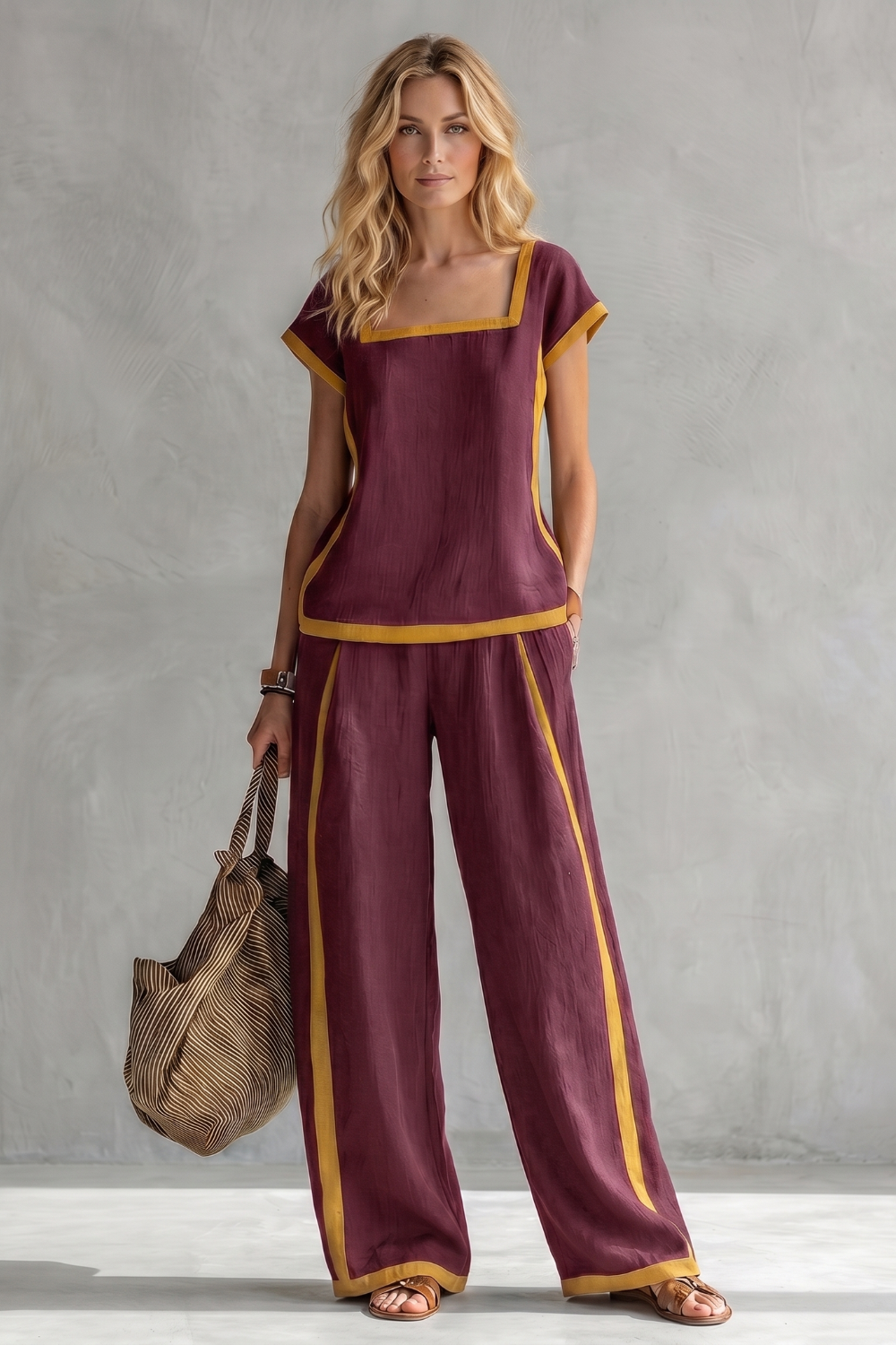 Maroon colorway of the square-neck top and wide-leg pants set, full-length view