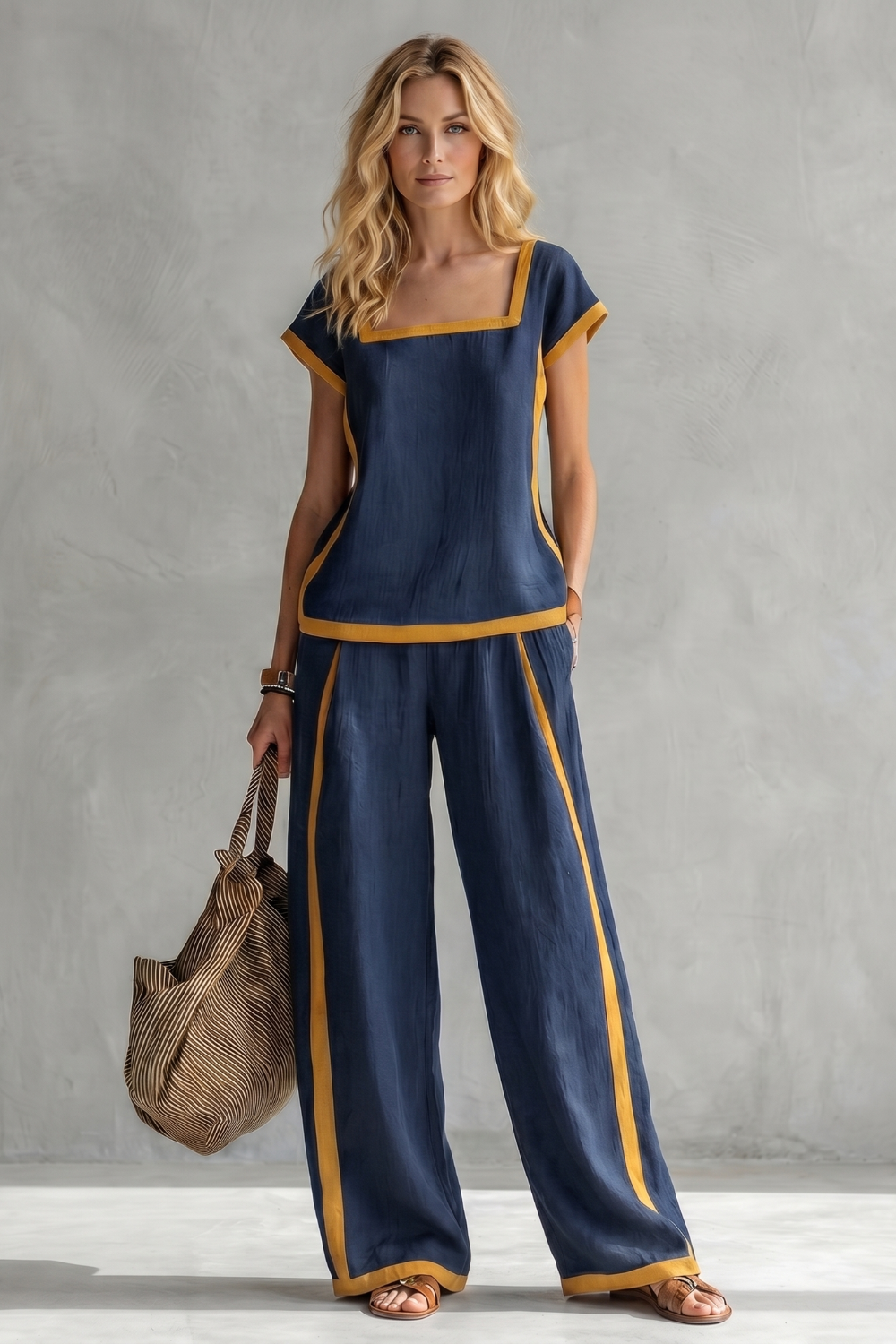Gray colorway of the square-neck top and wide-leg pants set, full-length view