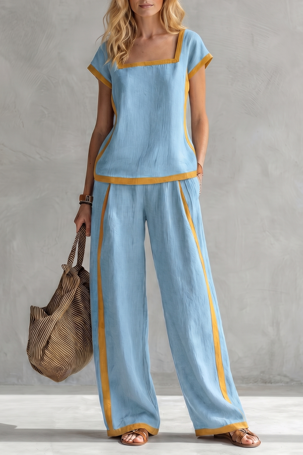 Contrast trim set styled with minimalist sandals and a woven bag