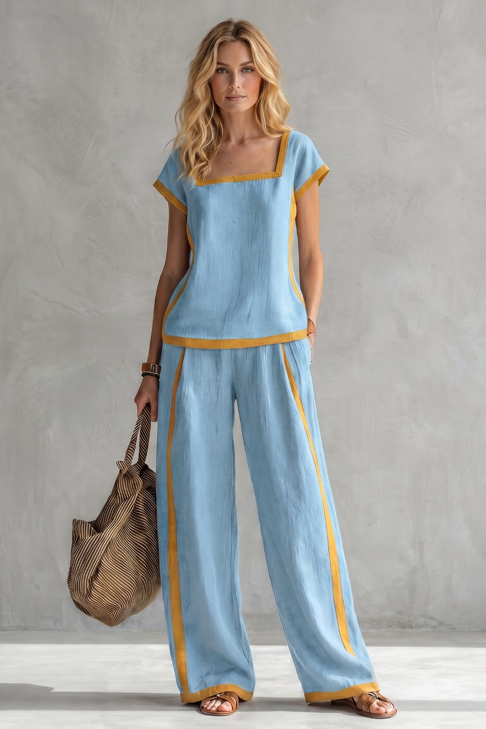 Contrast trim set styled with heeled mules and gold accents for evening