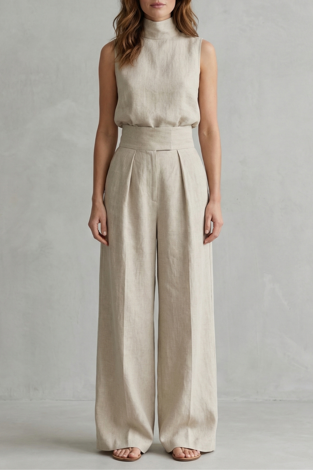 Women's sleeveless high-neck top and wide-leg pants set, front view