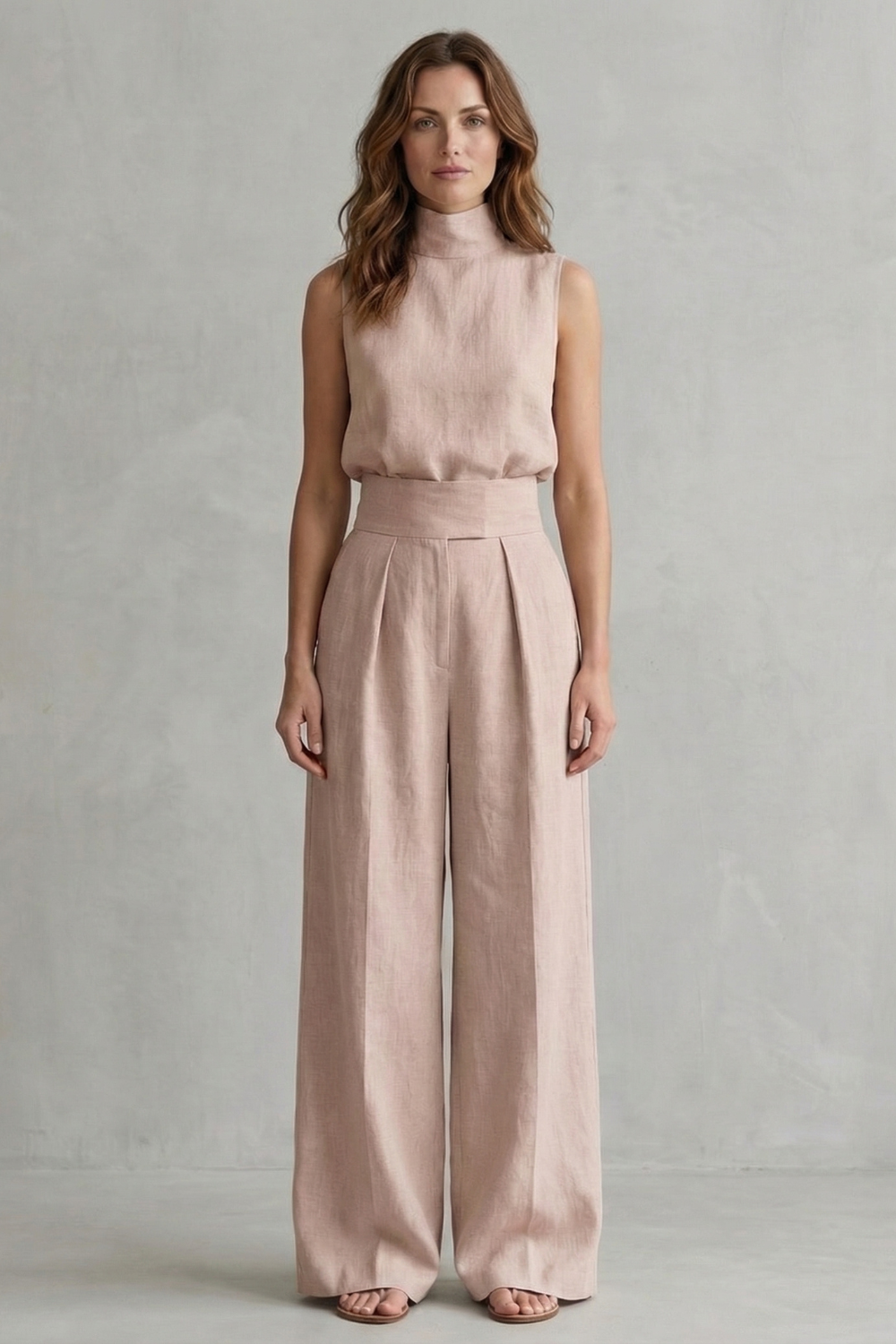 Sleeveless top and wide-leg pants set styled with heeled mules for evening