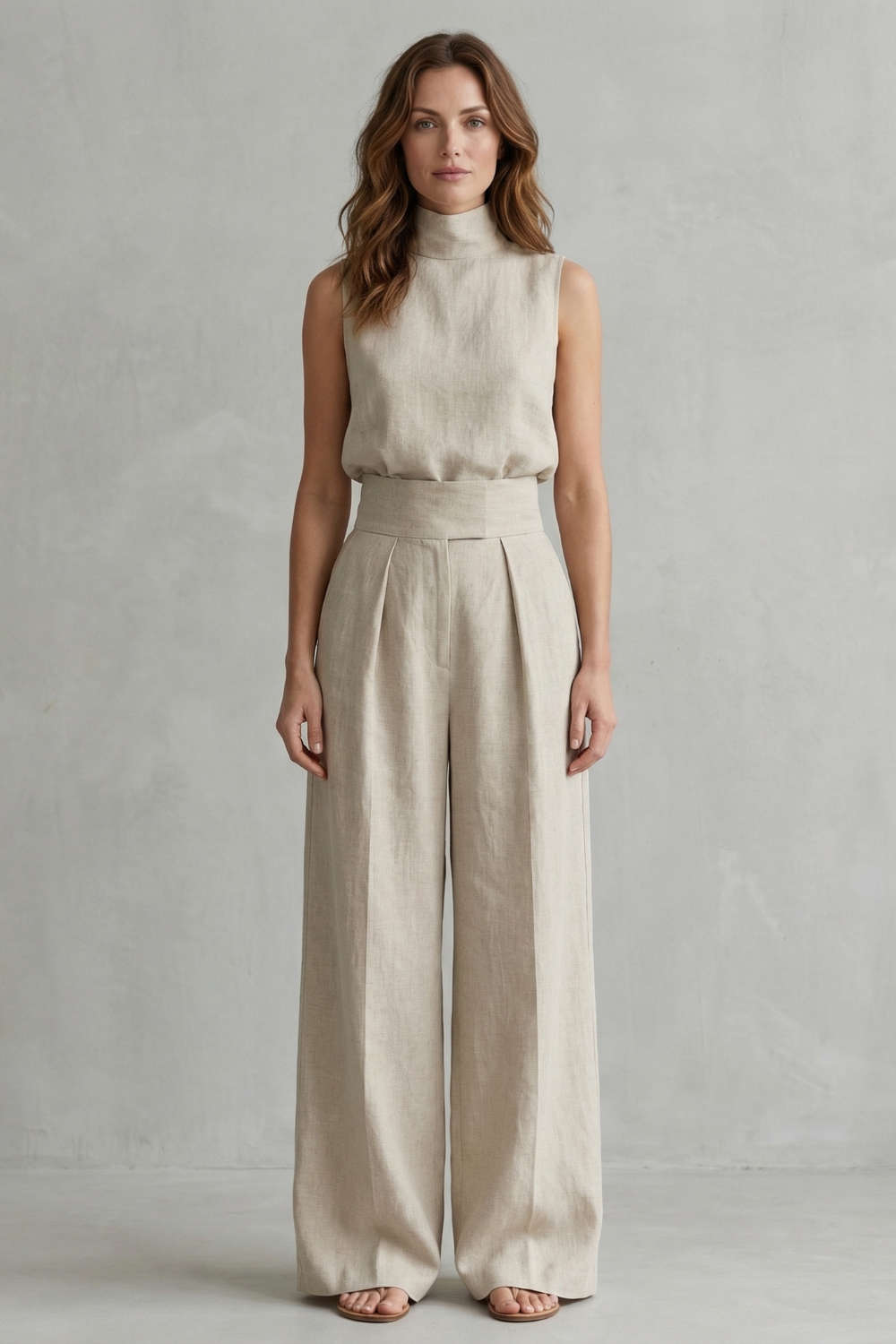 Side view of the sleeveless high-neck top and pleated wide-leg pants set