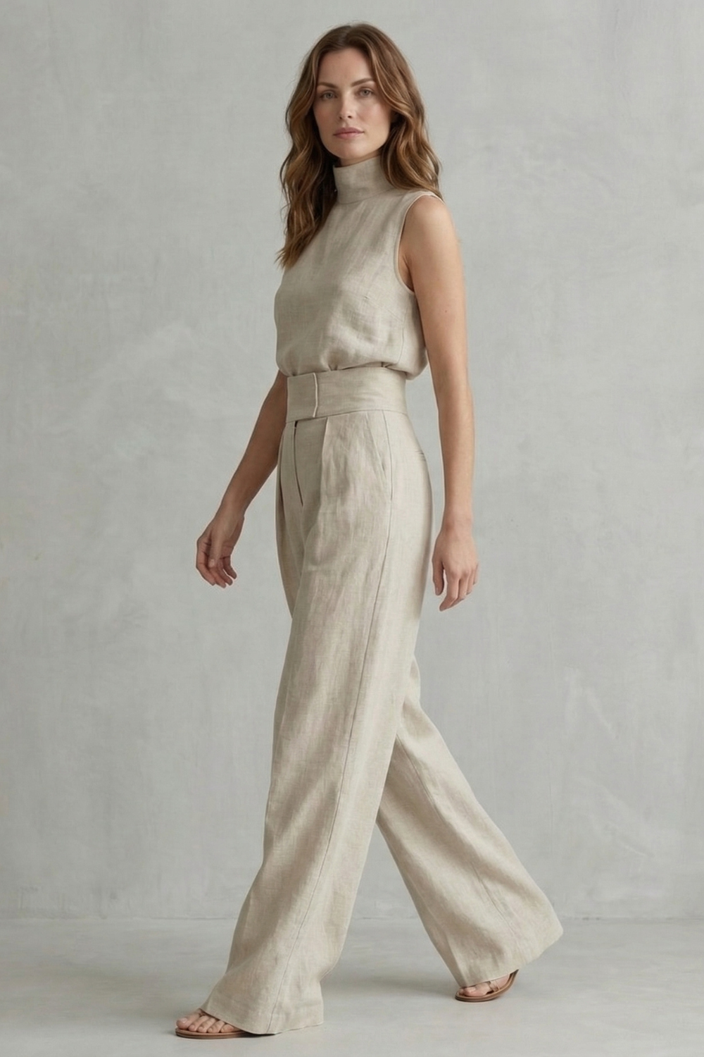 Back view of the minimalist sleeveless top and wide-leg pants set