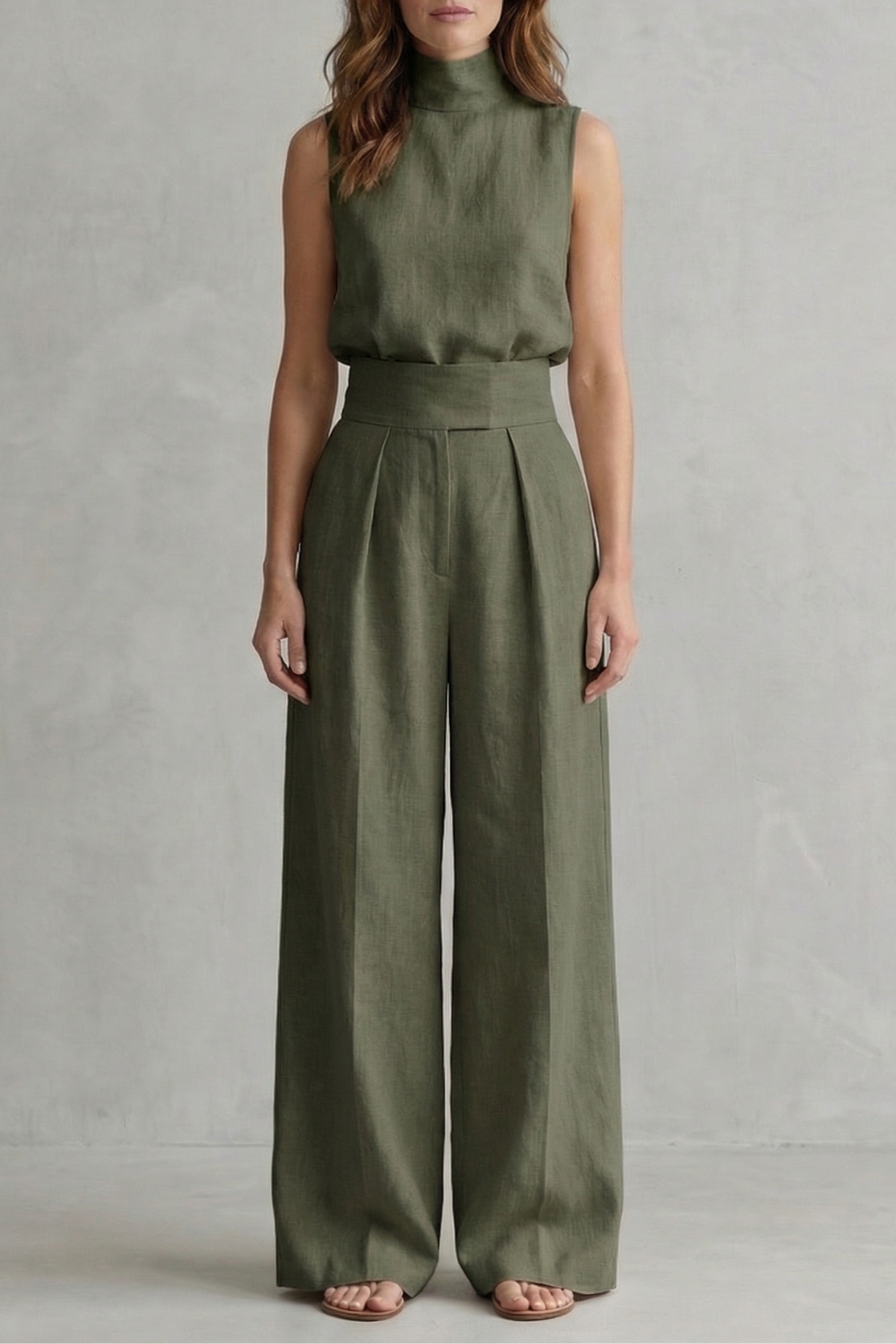 Cream colorway of the sleeveless top and wide-leg pants set, full-length view