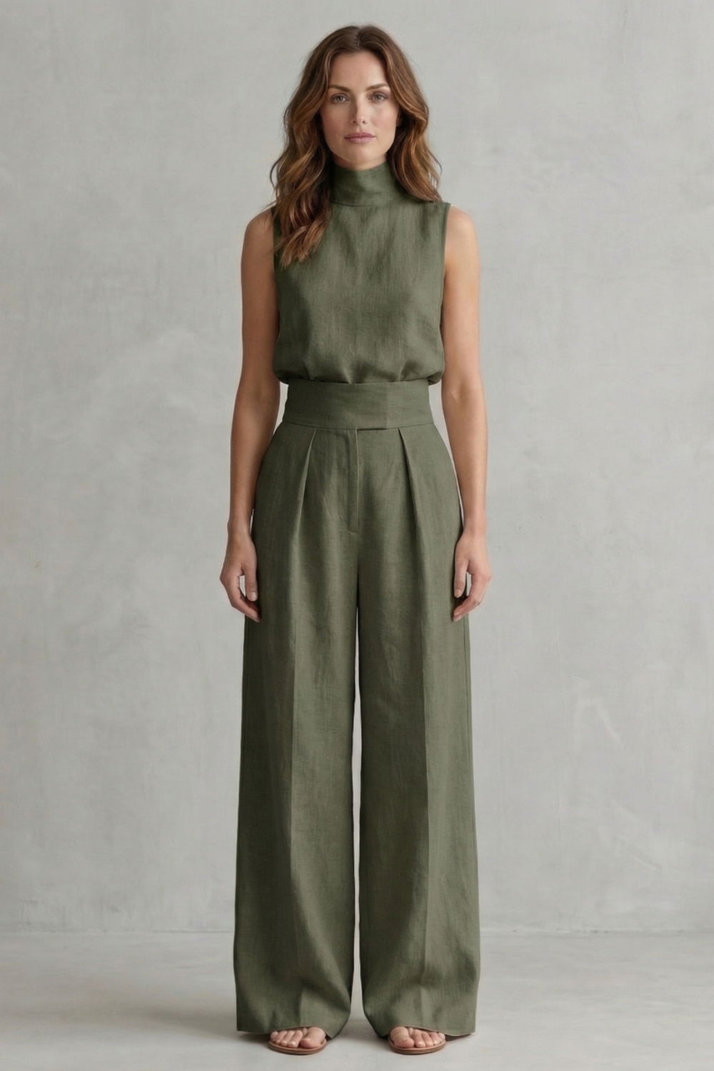 Army Green colorway of the sleeveless top and wide-leg pants set, full-length view