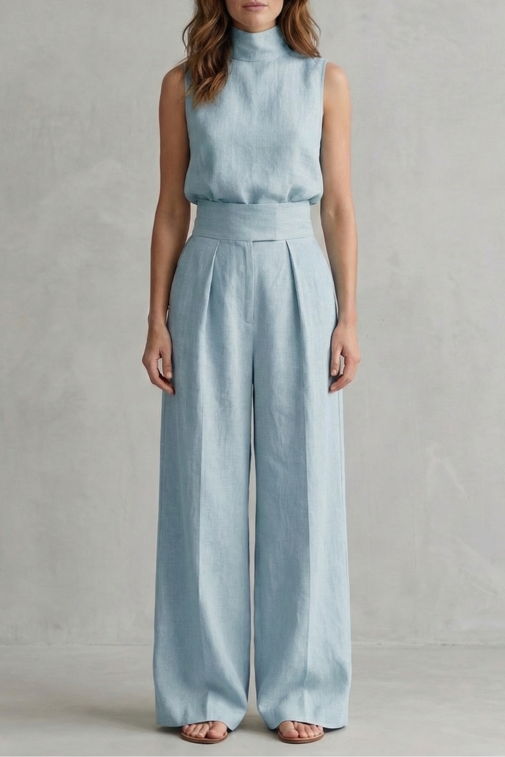 Light Blue colorway of the sleeveless top and wide-leg pants set, full-length view