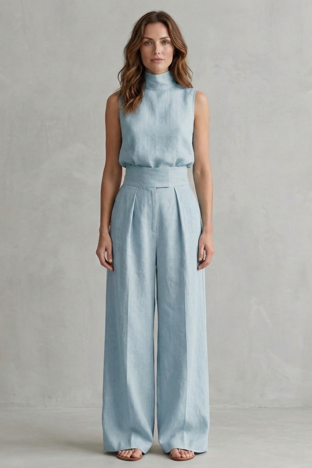 Light Pink colorway of the sleeveless top and wide-leg pants set, full-length view