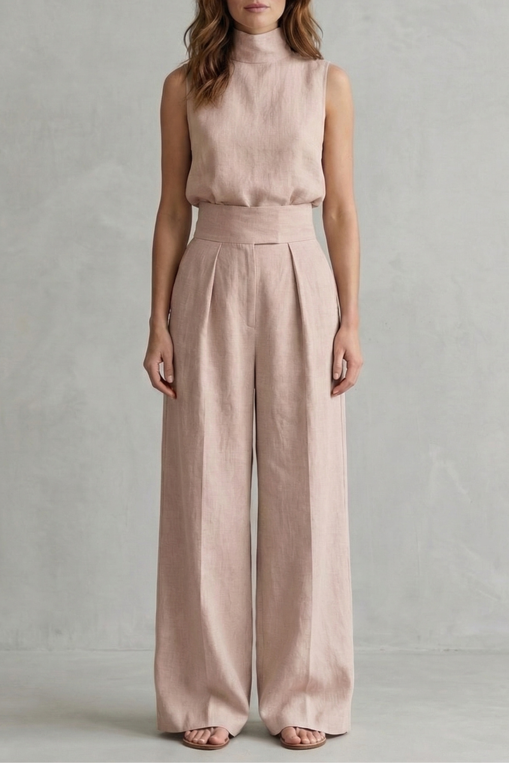 Close-up of the defined high waistband and soft pleats on the wide-leg pants