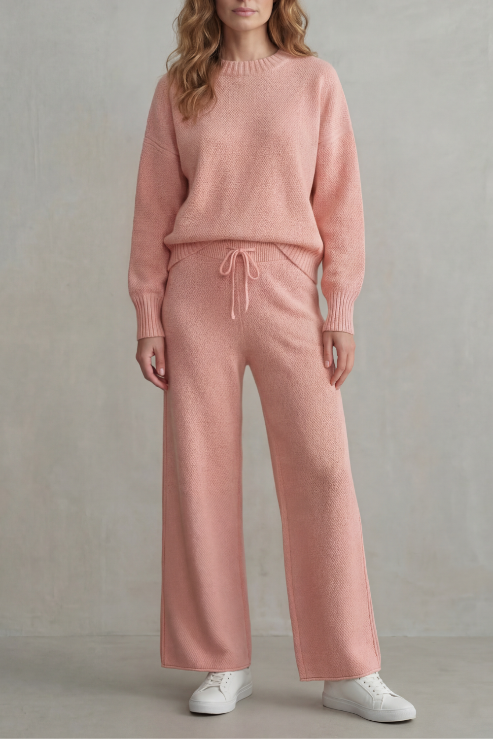 Women's textured knit drop-shoulder sweater and wide-leg pants lounge set, front view