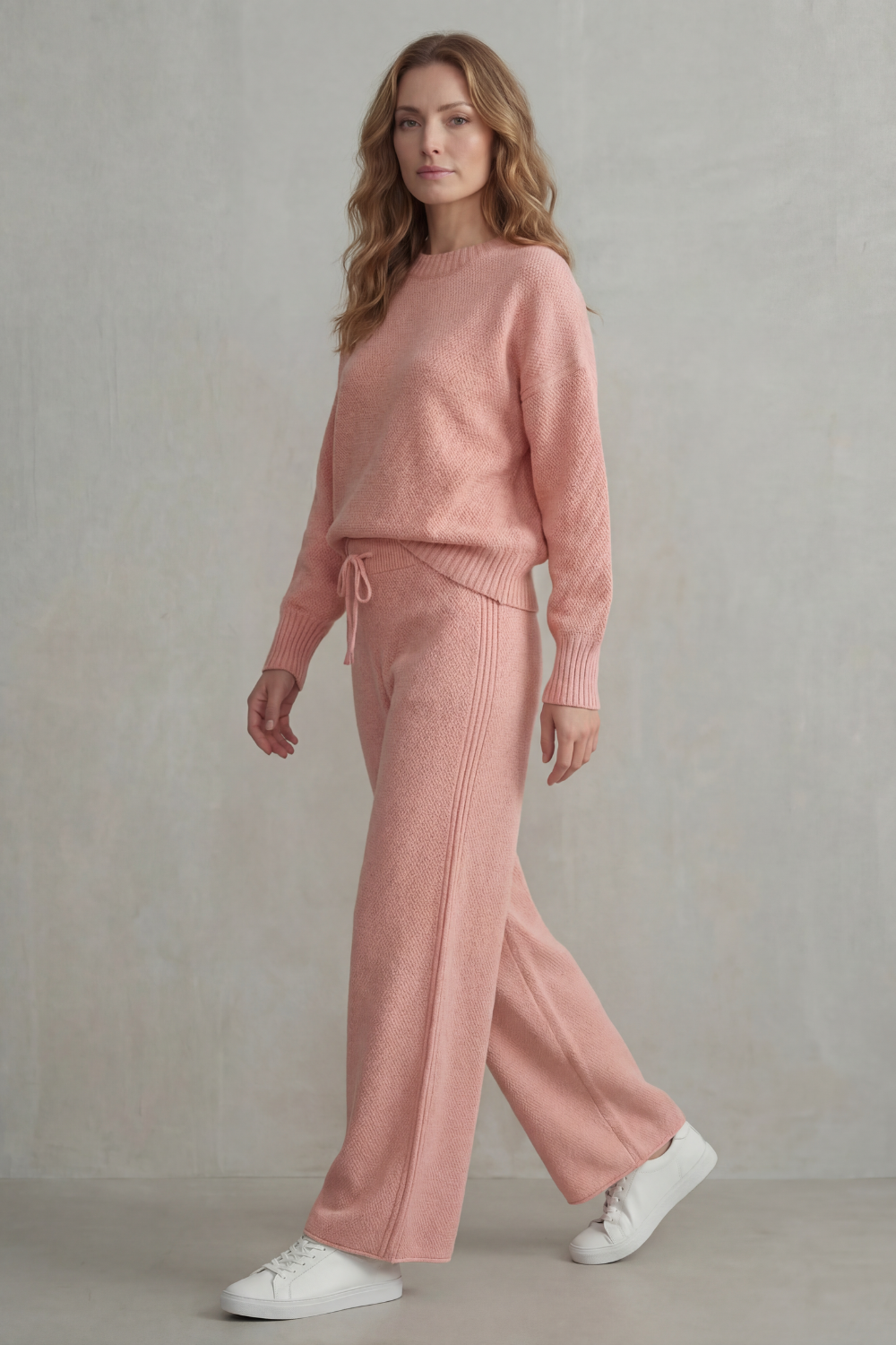 Back view of the drop-shoulder knit lounge two-piece set
