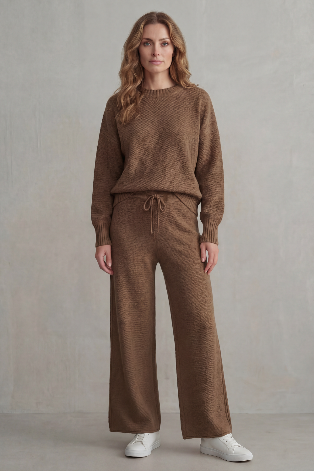 Dark Brown colorway of the textured knit sweater and pants set