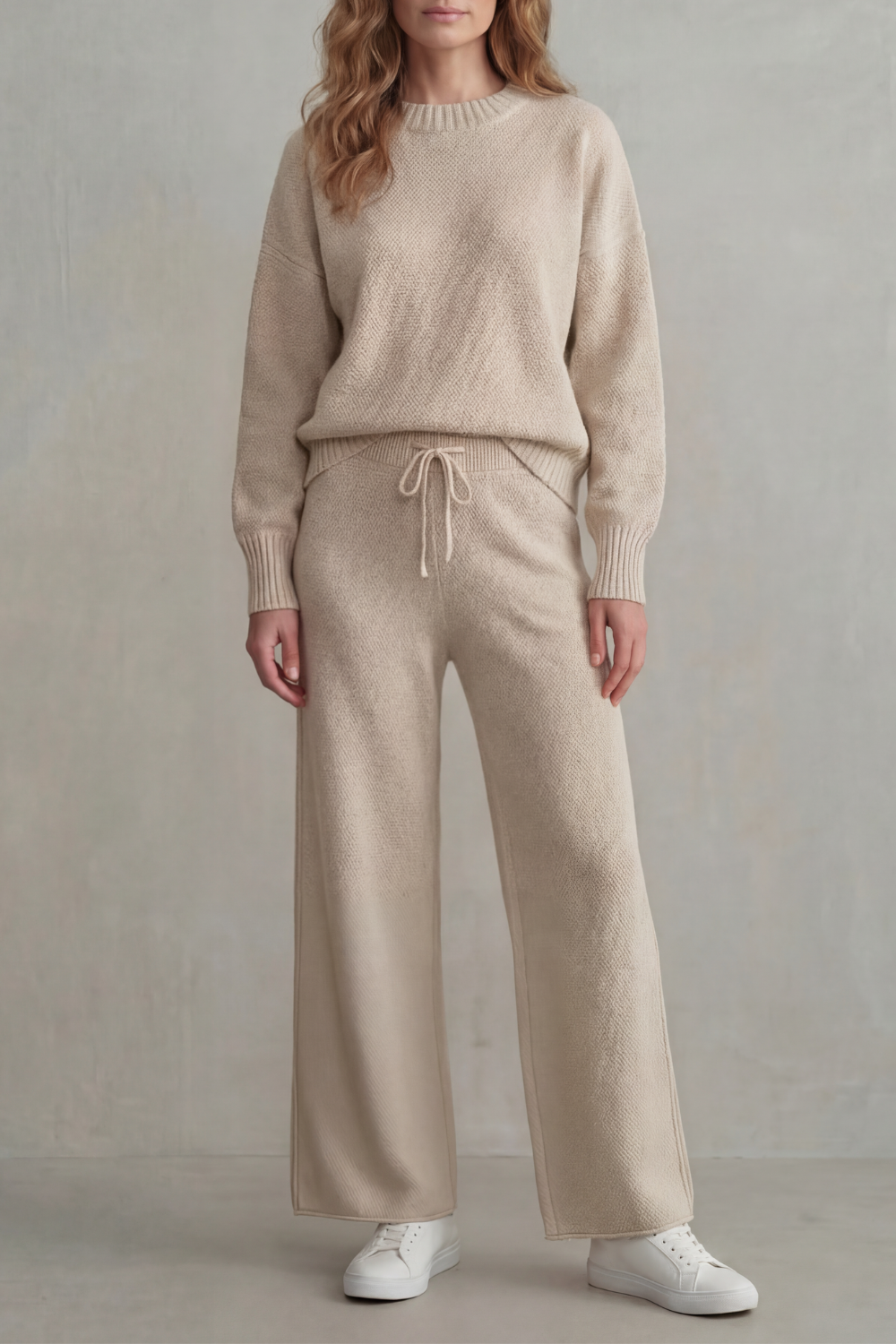 Beige colorway, full-length view of the knit lounge set