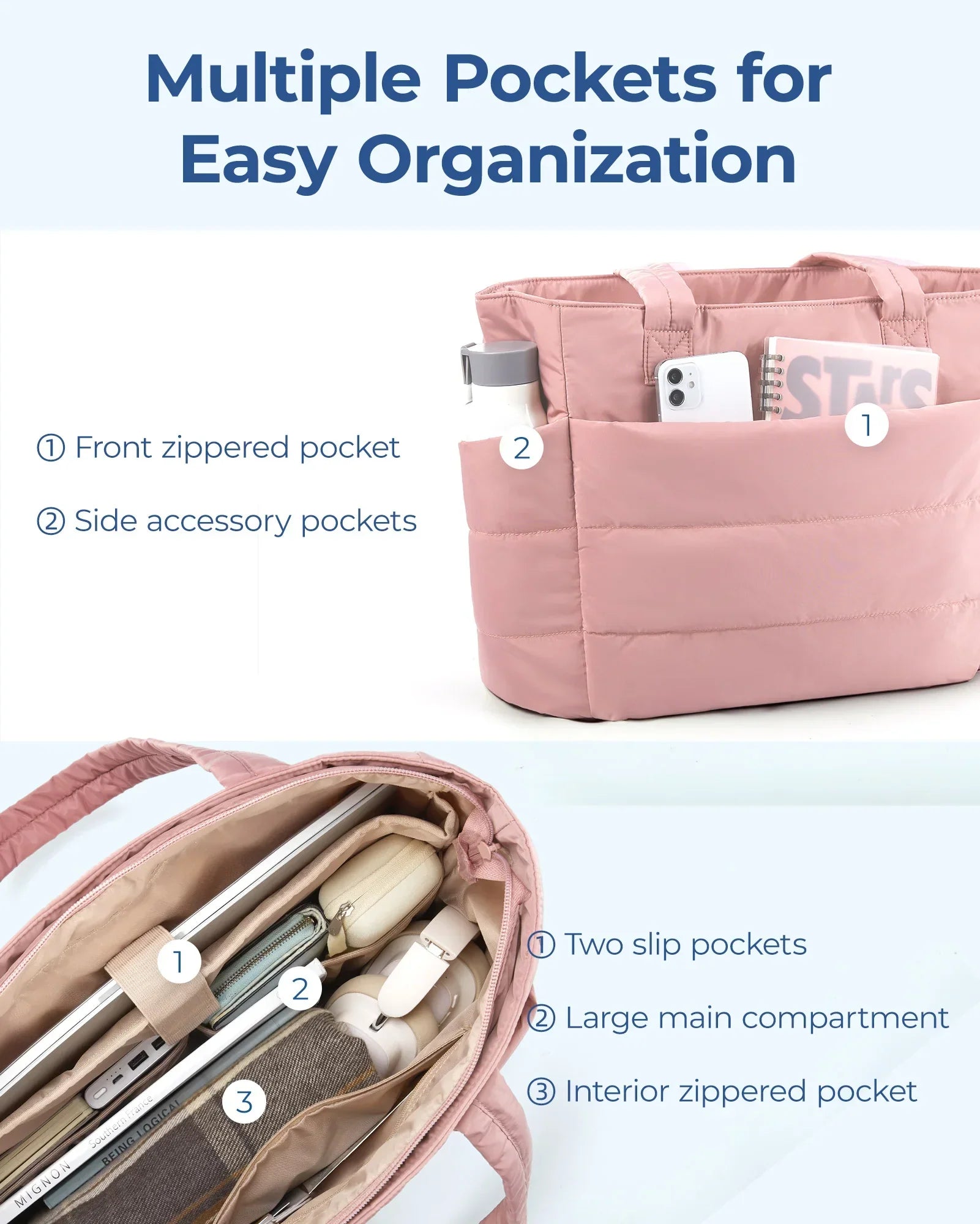 Women's Quilted Puffer Tote Bag with Laptop Compartment | Ava