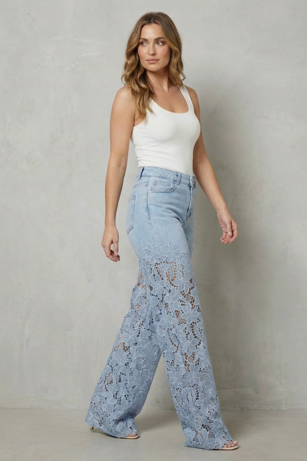 Women's High Rise Wide Leg Lace Panel Jeans - Orianne