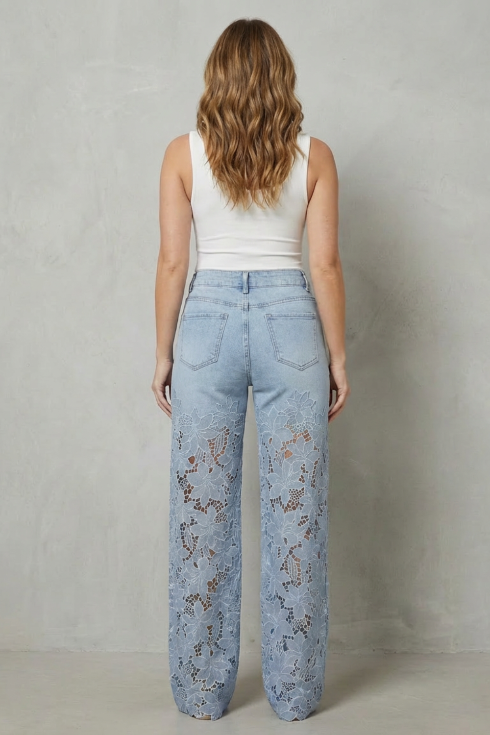 Women's High Rise Wide Leg Lace Panel Jeans - Orianne