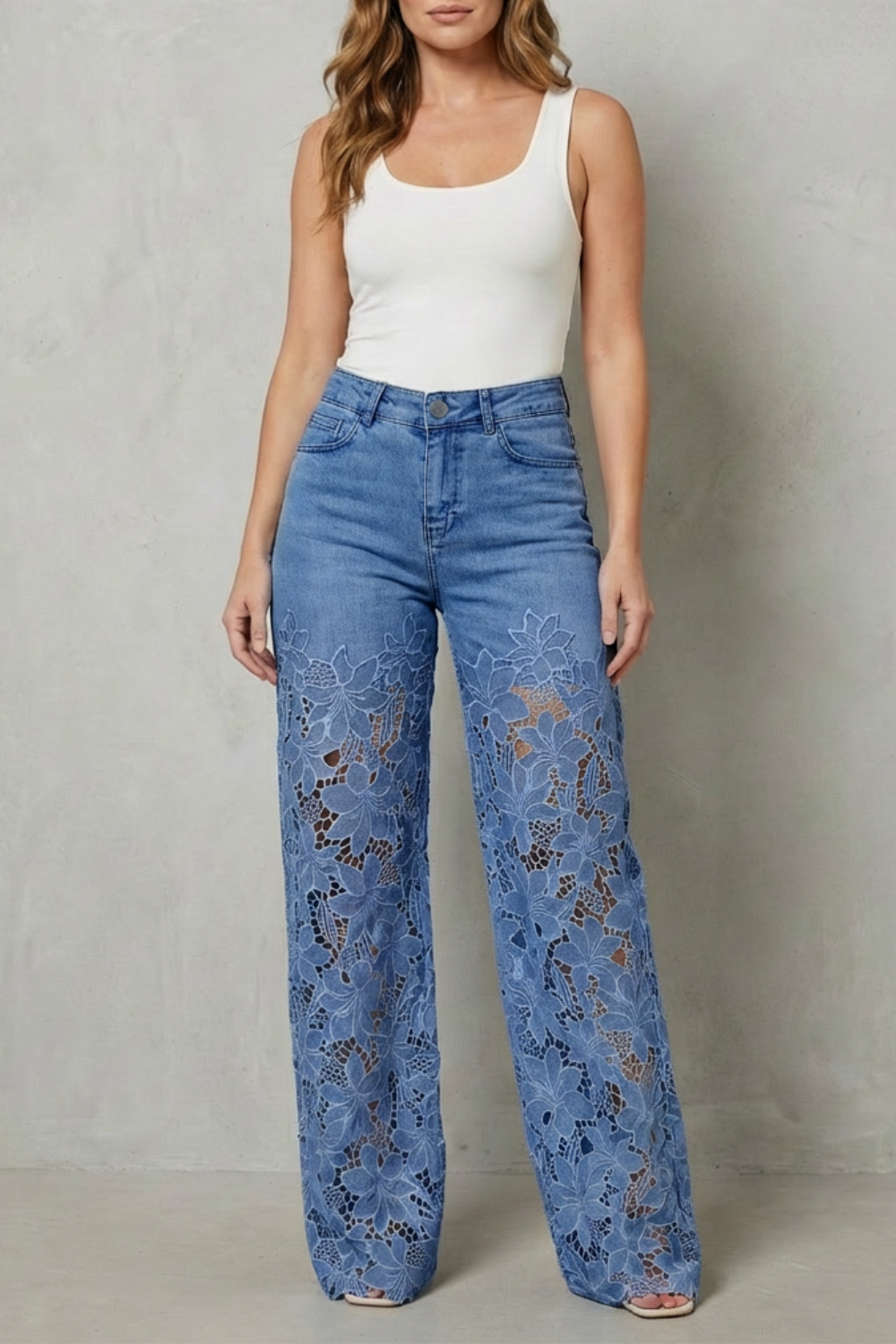 Women's High Rise Wide Leg Lace Panel Jeans - Orianne