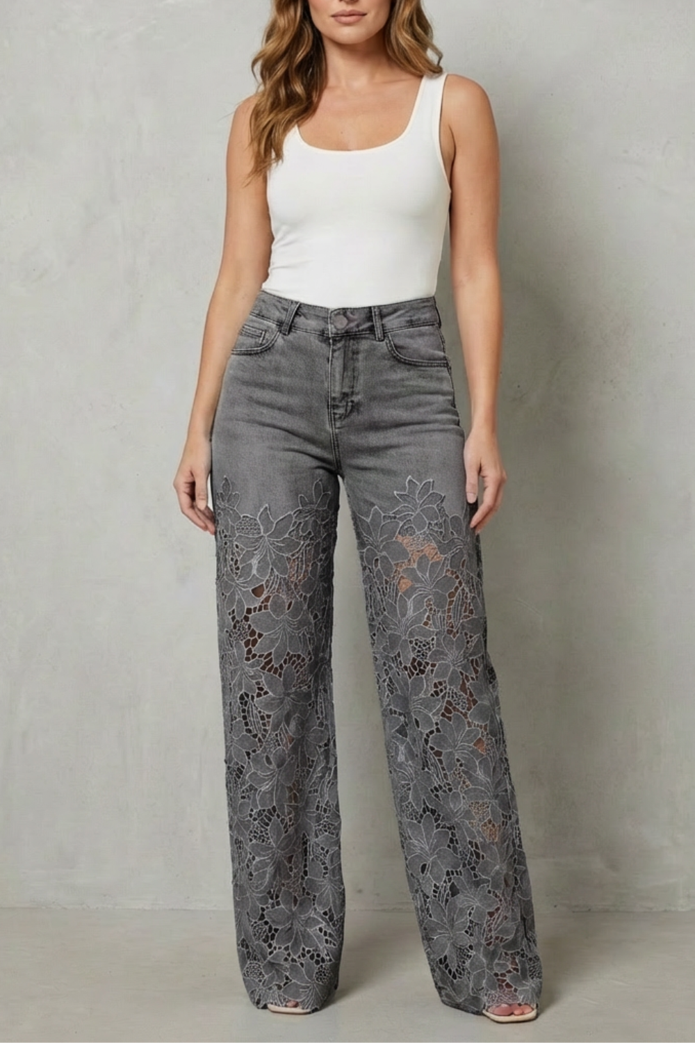 Women's High Rise Wide Leg Lace Panel Jeans - Orianne