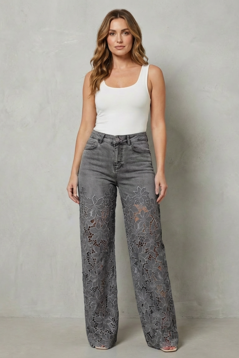 Women's High Rise Wide Leg Lace Panel Jeans - Orianne