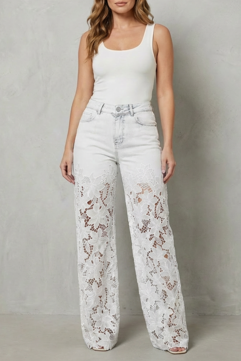 Women's High Rise Wide Leg Lace Panel Jeans - Orianne