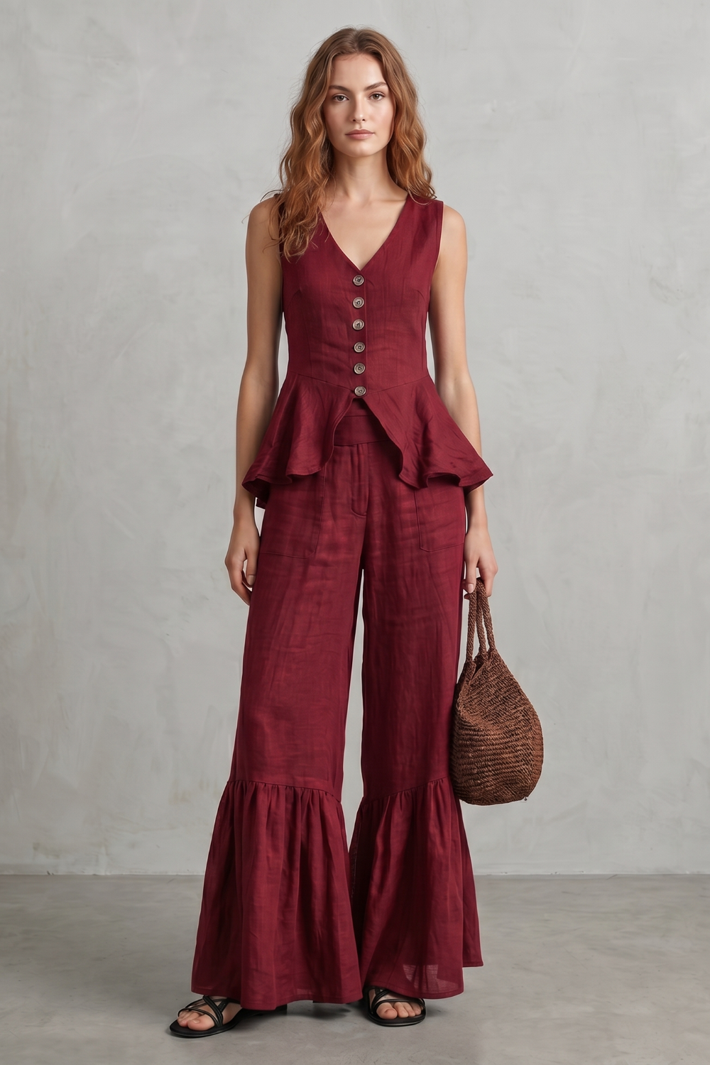 Set styled with woven sandals and gold jewelry for resort wear