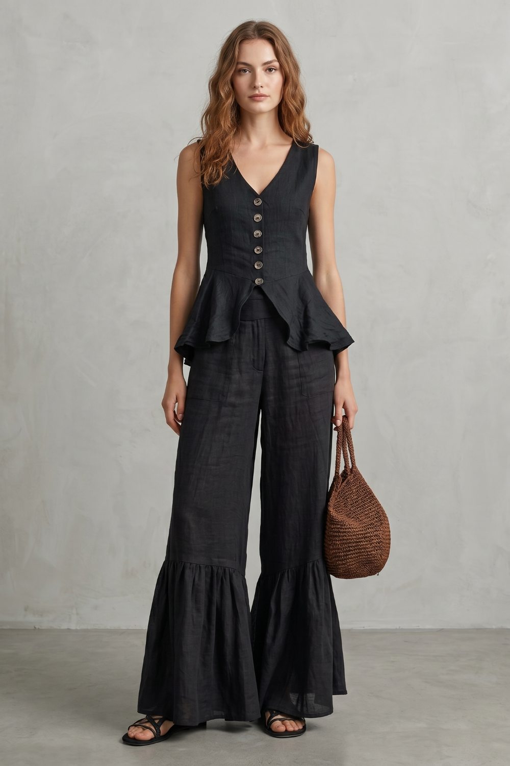 Side view of the V-neck top and ruffle-hem wide-leg pants set