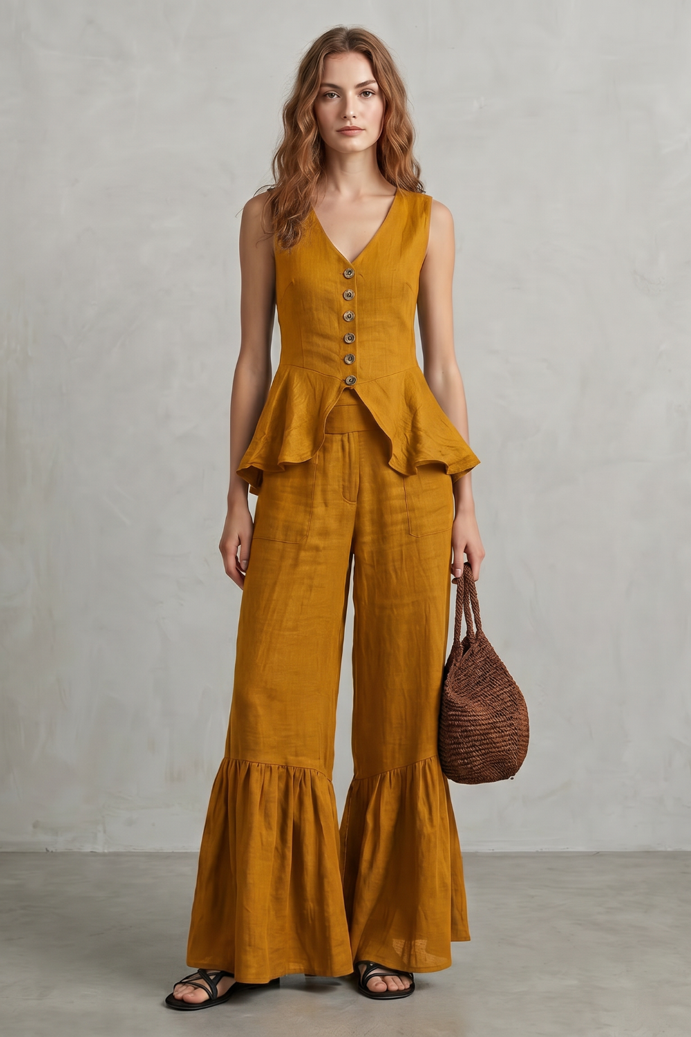 Black colorway, full-length view of the ruffle-hem pants set