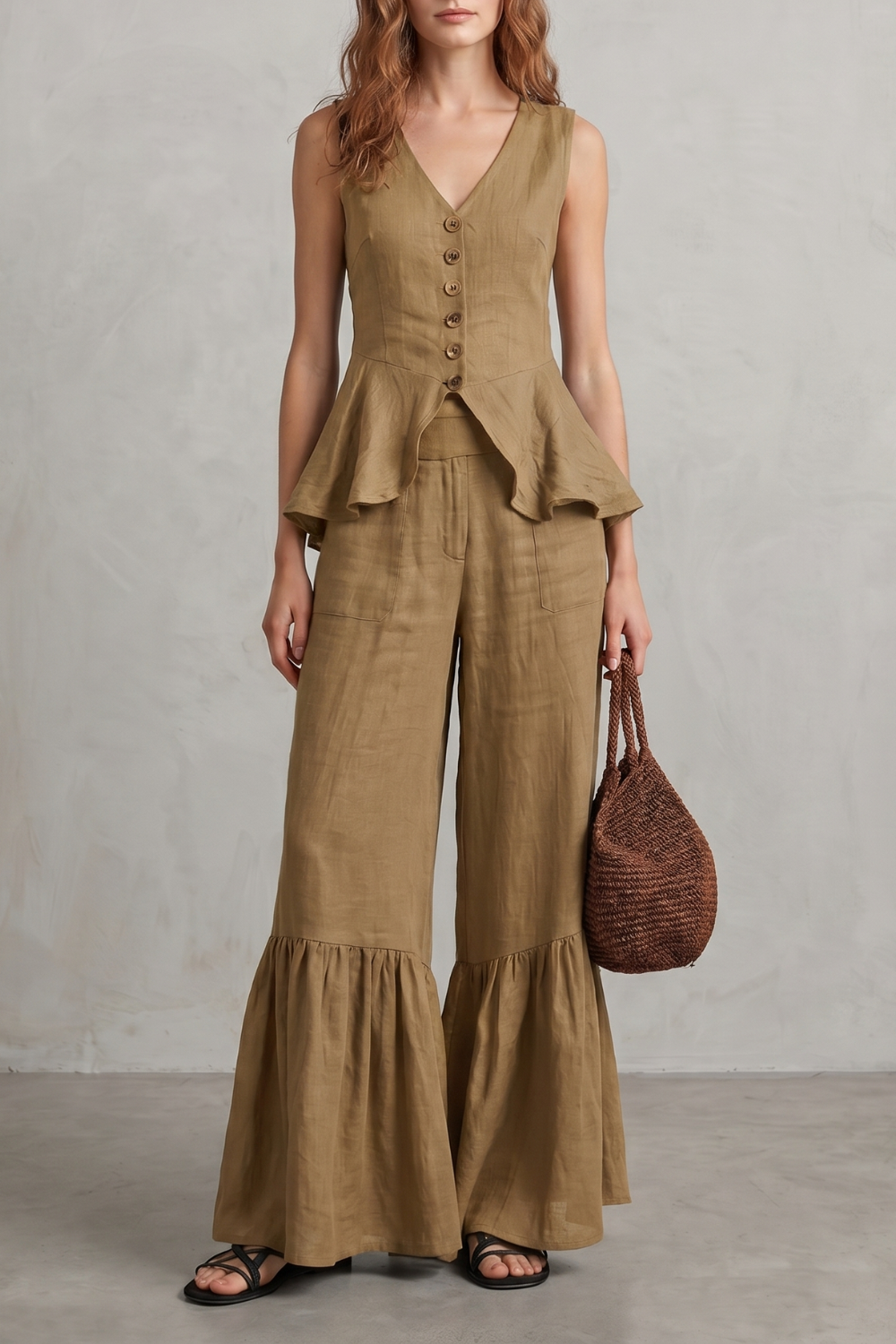 Yellow colorway of the sleeveless V-neck top and wide-leg pants set