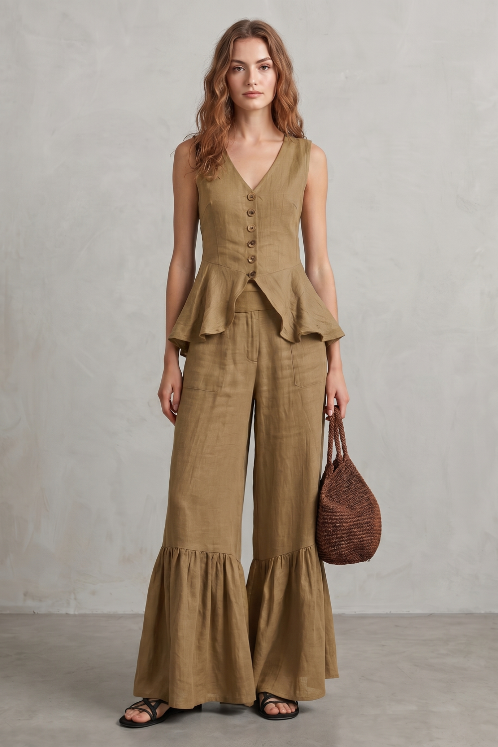 Khaki colorway, full-length view of the resort two-piece set