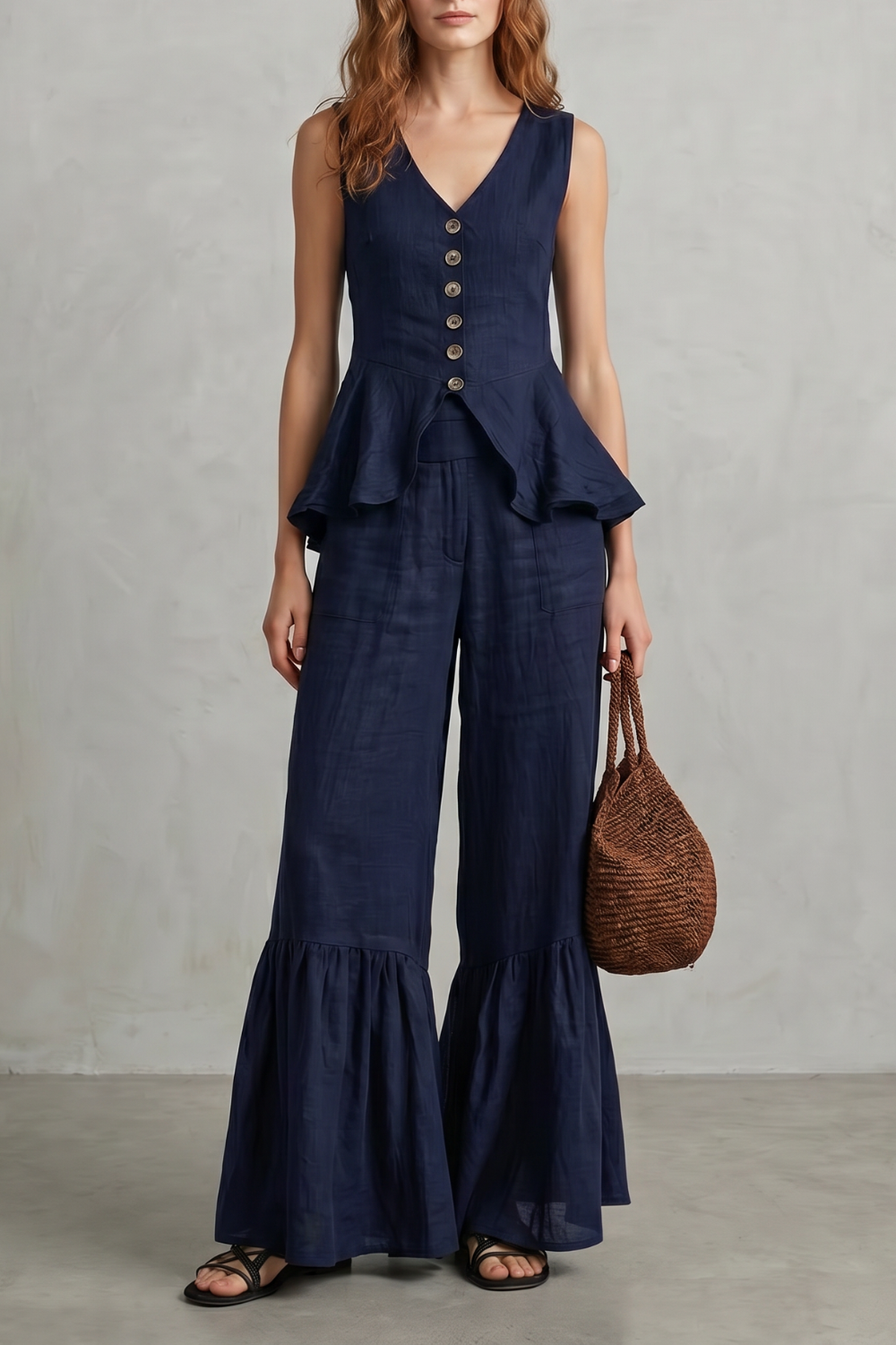Navy colorway of the V-neck top and ruffle-hem wide-leg pants