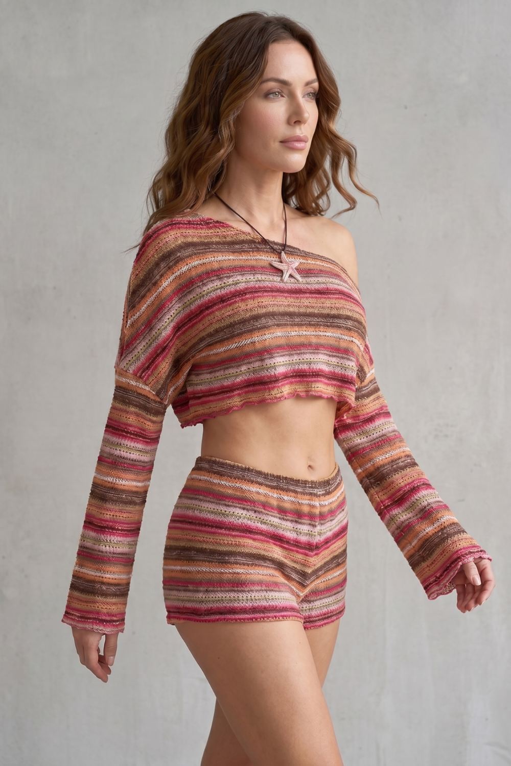 Back view of the bohemian striped two-piece shorts set